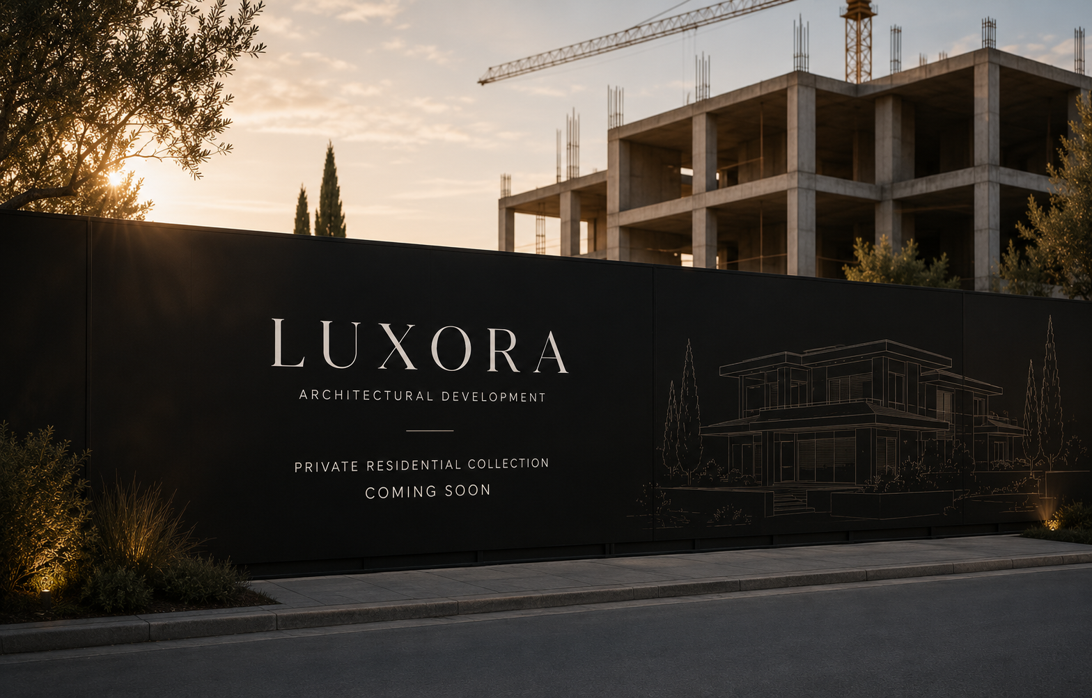 LUXORA site hoarding at sunset - 'Private Residential Collection, Coming Soon'